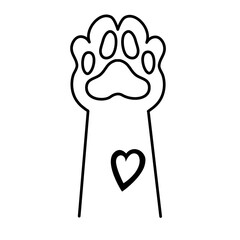 A dogs paw with black heart is isolated on white background. Vector illustration in doodle style. Paw of an animal, puppy or cat