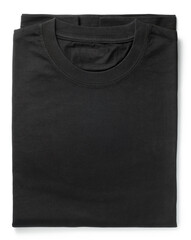 Black folded t-shirt isolated on white background. Top view.