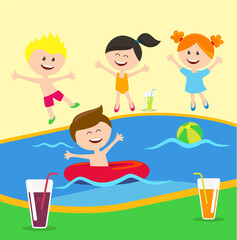 Children having fun near the pool. Summer swimming and sunbathing, vector