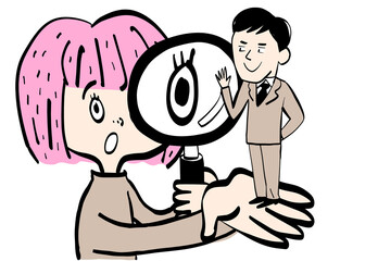 A woman who looks in detail with a magnifying glass