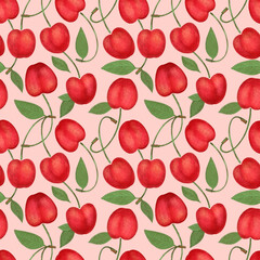 Crayon cherry with leaves seamless pattern. Hand drawn artistic sweet berry repeatable background with pastels. Cute Colorful stylish illustration for backgrounds, textiles, tapestries.