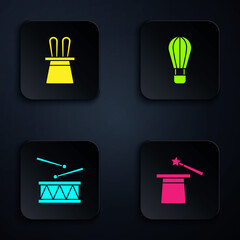 Set Magic hat and wand, Magician rabbit ears, Drum with drum sticks and Hot air balloon. Black square button. Vector - obrazy, fototapety, plakaty