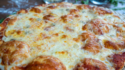 Pizza with fluffy top, tomatoes, olives, green peppers, cheese, fresh from the oven