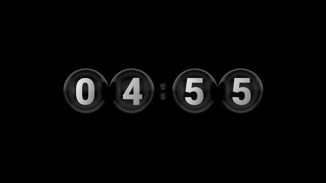 Countdown. Countdown 5 minutes. Black glossy ball. Black background. White digits. 3D. 3D Rendering
