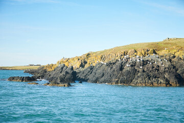 Rocks covered with moss on the sea island coast.