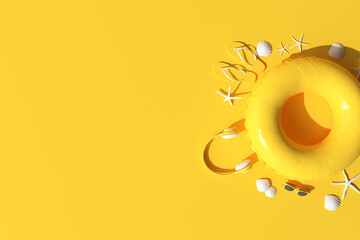 Top view of yellow summer beach concept. Summer accessories, headphone, sunglasses, starfish, shell, inflatable ring and flip-flop on blue background. 3D rendering. © nuchao