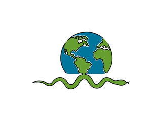 One continuous line drawing world concept. Simple planet and snake. The minimalist design of minimalism is isolated on white background.