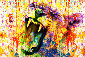 colorful artistic lion muzzle with bright paint splatters on white background.