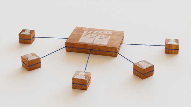 Entertainment Technology Concept with movie Symbol on a Wooden Block. User Network Connections are Represented with Blue string. White background. 3D Render.