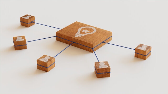 Innovation Technology Concept with lightbulb Symbol on a Wooden Block. User Network Connections are Represented with Blue string. White background. 3D Render.