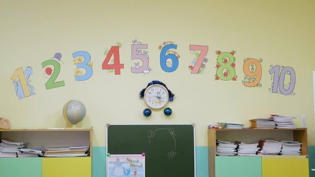 painted numbers "1-10" and a clock on the school wall