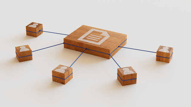 Word document Technology Concept with document Symbol on a Wooden Block. User Network Connections are Represented with Blue string. White background. 3D Render.