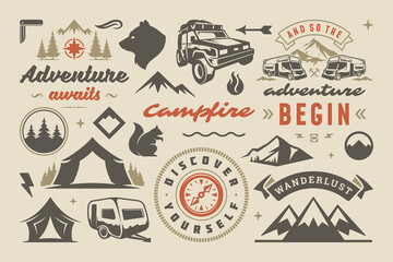 Camping and outdoor adventure design elements set quotes and icons vector illustration