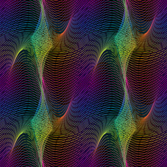 Vector moire seamless pattern of winding iridescent lines. Abstract multicolor holographic texture for fabric design.