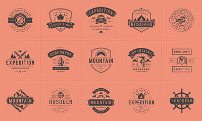 Camping logos and badges templates vector design elements and silhouettes set