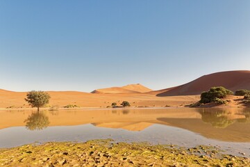 A rare sight: Sossusvlei in the Namib Desert of Namibia filled with water. Sossusvlei, also known as Sossus Vlei, is located in Namibia and is a beige salt-clay pan enclosed by sand dunes in the Namib
