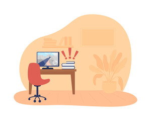 Teen room 2D vector isolated illustration. Desk with computer screen. Video game on display. Leisure activity at home. Cosy apartment flat interior on cartoon background. House colourful scene