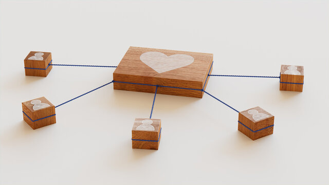 Love Technology Concept with heart Symbol on a Wooden Block. User Network Connections are Represented with Blue string. White background. 3D Render.