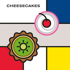 Two mini fruit cheesecakes. Kiwi cheesecake. Cherry cheesecake with whipped cream. Modern style art with rectangular color blocks. Piet Mondrian style pattern.