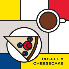 Piece of mixed berry cheesecake on saucer with coffee cup. Modern style art with rectangular color blocks. Piet Mondrian style pattern.