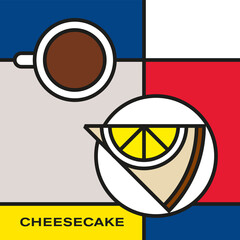 Piece of white chocolate lemon cheesecake on saucer with coffee cup. Modern style art with rectangular color blocks. Piet Mondrian style pattern.
