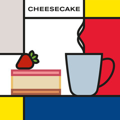 Chocolate cheesecake with strawberry and coffee cup with smoke. Modern style art with rectangular color blocks. Piet Mondrian style pattern.