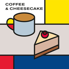 Chocolate cheesecake with raspberry and coffee cup. Modern style art with rectangular color blocks. Piet Mondrian style pattern.