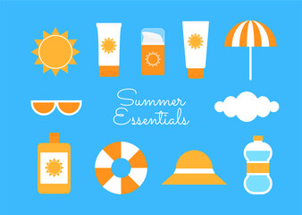 Summer beach travel essential stuff bright colorful postcard. Safe sunbathing summer vacation icon set isolated on blue background. Happy travel, happy journey! Simple style flat vector illustration.