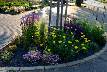 bed of colorful prairie flowers in an urban environment attractive to insects and butterflies, mulched by gravel. on the corners of the essential oil large boulders against crossing the edges  © Michal