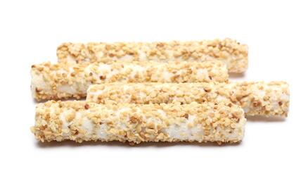 Waffle rolls with chocolate filling in peanut glaze isolated on white background