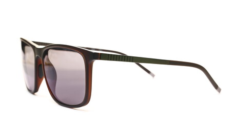Modern stylish black sunglasses with polarized lenses isolated on white background