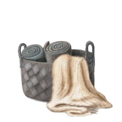 basket with warm blankets for cozy home, hand drawn illustration, watercolor pencils clipart