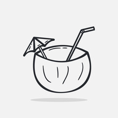 Hand drawn coconut drink icon Design Template. vector sketch doodle illustration isolated on white background. Summer vacation and leisure symbol. Perfect For coloring books and stickers.