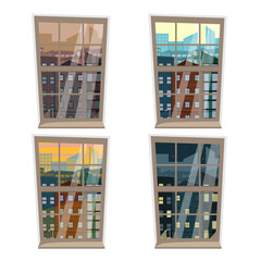 View from the window of the big city at different times of the day: morning, afternoon, evening and night. Illustration isolated on a white background. Cartoon drawing of window in flat style.