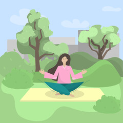 Obraz na płótnie Canvas Girl practices yoga in the park on gym mat. Woman in lotus position in city park. Doing what you love in nature. Abstract young girl in flat illustration.