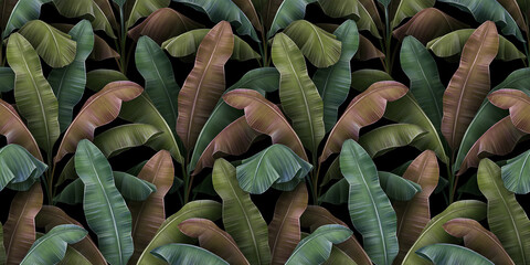 Panele Szklane  Plantacja drzew bananowych, kolorowe, teksturowane liście. Vintage tropikalny ilustracja 3d, wzór. Tło grunge premium. Luksusowe tapety, tkaniny, tkaniny, plakaty, murale