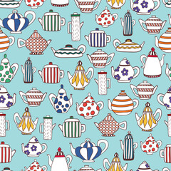 Teapot pattern. Tea time backdrop. Hand drawn sketch style teapots background. Color kettle print. Teapot silhouette. Hand draw teapot fabric, textile template. Doodle style drawn teapot vector