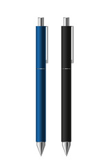 Ballpoint pens mockup. Vector 3d realistic. Black and blue. Two classic metal pens. Ready for your design and branding. Blank template. EPS10.