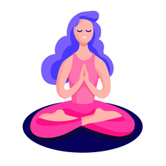 Vector woman sitting in lotus meditation, with namaste hands. Yoga flat illustration