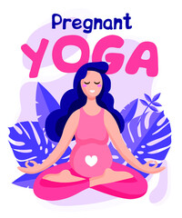 Fototapeta na wymiar Young beautiful pregnant woman sitting in lotus with tropical monstera leaves on the background. Pregnant Yoga. Vector illustration