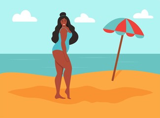 Young curvy woman on the beach. Body positive, self-love. Flat cartoon vector illustration