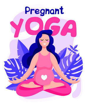Young beautiful pregnant woman sitting in lotus with tropical monstera leaves on the background. Pregnant Yoga. Vector illustration