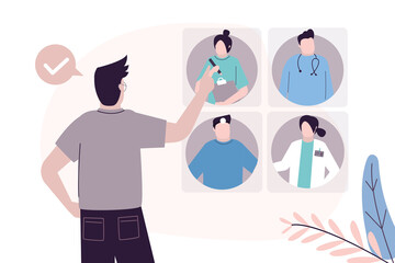 Man looking for and choosing suitable specialist. Portraits of different medical workers. Patient wants to make appointment with doctor