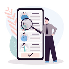 Patient with magnifying glass choose doctor on phone screen. Online mobile app helps patient find therapist. Doctors team, medical staff portraits
