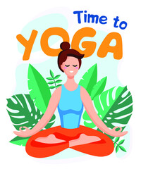 Obraz na płótnie Canvas Young beautiful woman sitting in lotus pose with tropical monstera green leaves on the background. Yoga Vector illustration