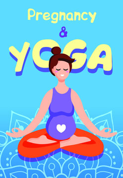 Young beautiful pregnant woman sitting in lotus pose with beautiful mandala on blue background. Pregnant Yoga. Vector illustration banner or poster