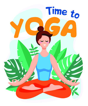 Young beautiful woman sitting in lotus pose with tropical monstera green leaves on the background. Yoga Vector illustration