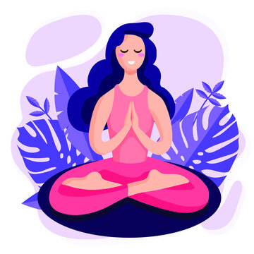 Young beautiful woman sitting in lotus pose with tropical monstera leaves on the background. Yoga Vector illustration
