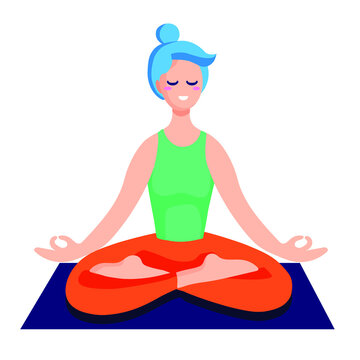 Woman sitting in lotus meditation, with mudra hands. Yoga vector flat illustration