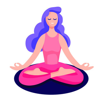Vector woman sitting in lotus meditation, with mudra hands. Yoga flat illustration